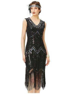 Babeyond Truly Timeless Black Beaded Sequin Embellished Sleeveless Flapper Dress